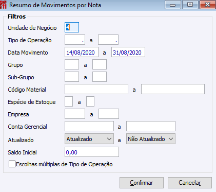 Resumo de Movimentos por Nota