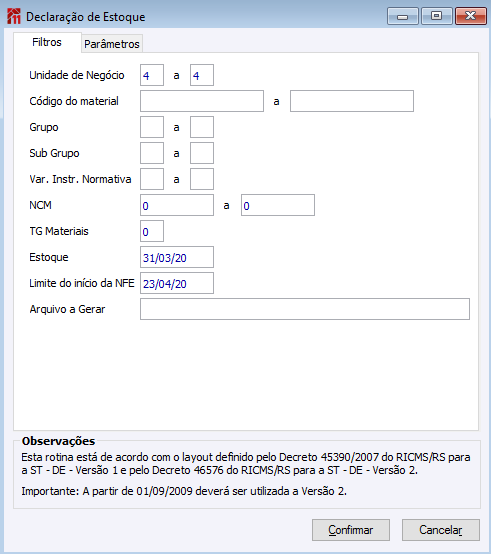 Declaração de Estoque