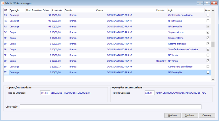 Matriz NF Armazenagem