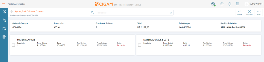 Aprovação Itens Ordem de Compra