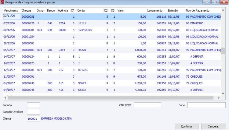 Pesquisa de Cheques abertos a pagar