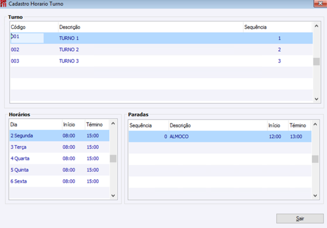 Cadastro Horário Turno
