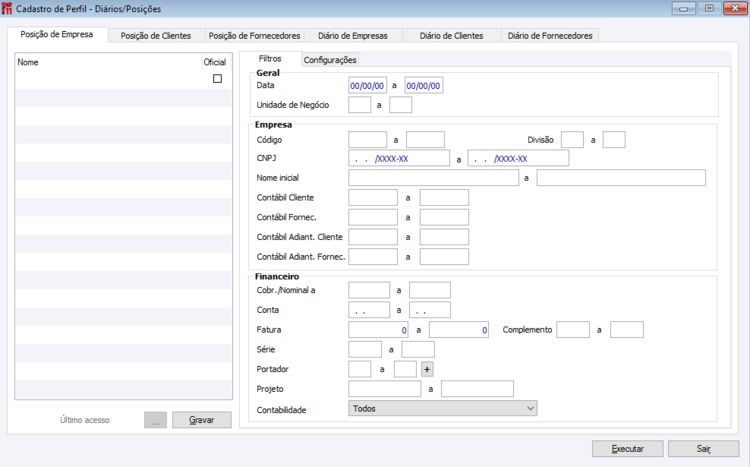 Cadastro de Perfil - Diários/Posições