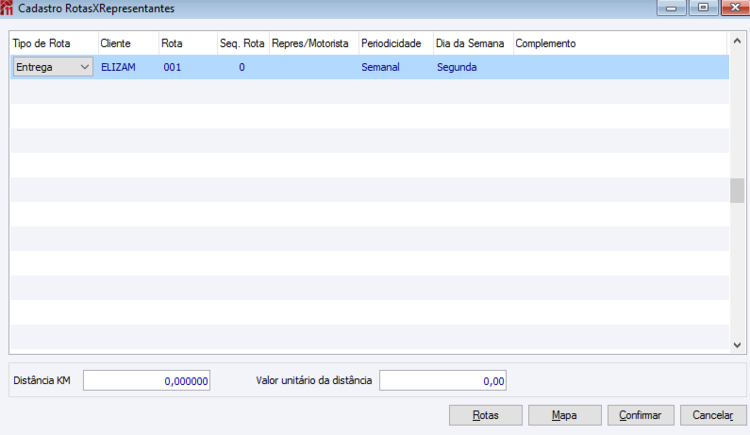 Cadastros Rotas x Representantes
