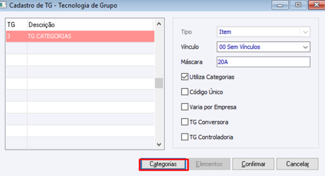 Cadastro de TG - Tecnologia de Grupo