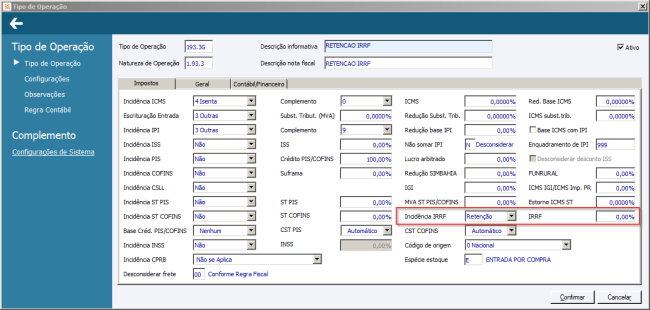 IRRF - Tipo de Operação