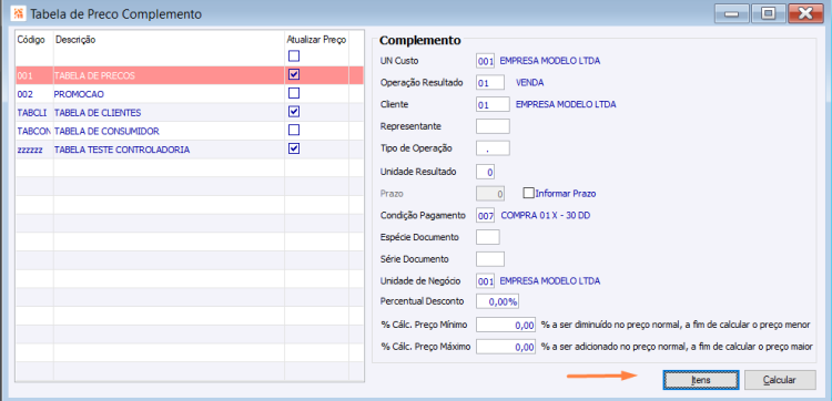 Complemento Tabela de Preço