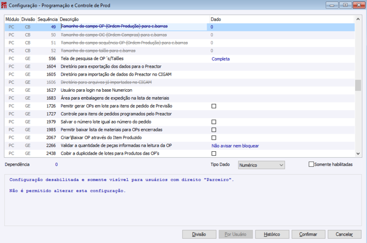 Configuração - Programação e Controle de Prod