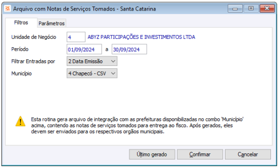 Arquivo com Notas de Serviços Tomados - Santa Catarina