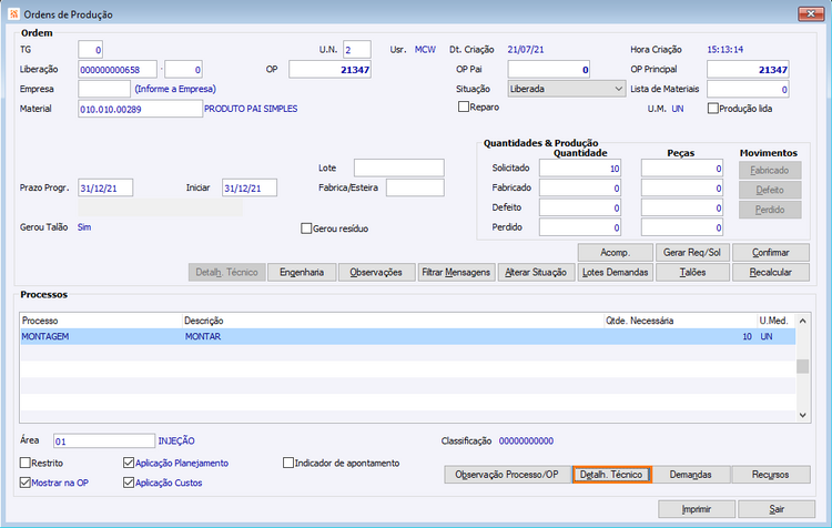 Detalhamento Técnico Ordem de Produção