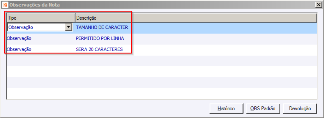 Observação Nota Fiscal