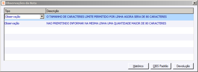 Observação Nota Fiscal