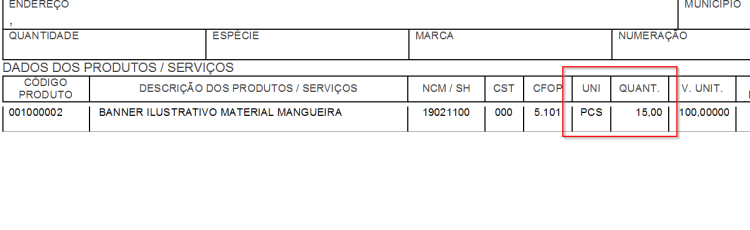 Unidade de Medida Item da Nota Fiscal Impresso