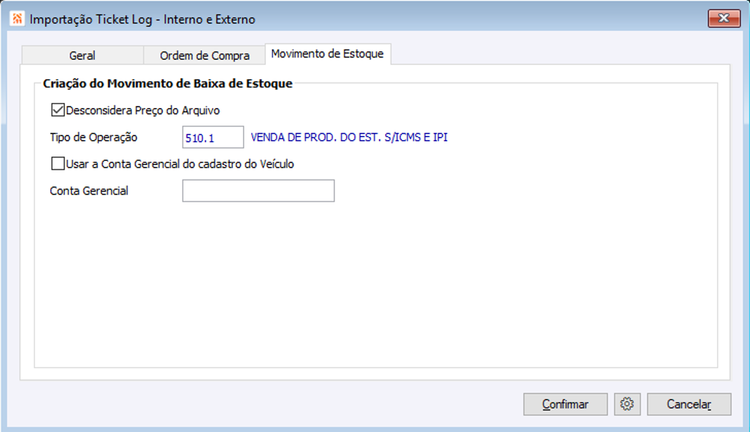 Importação de movimentos internos e externos Ticket Log