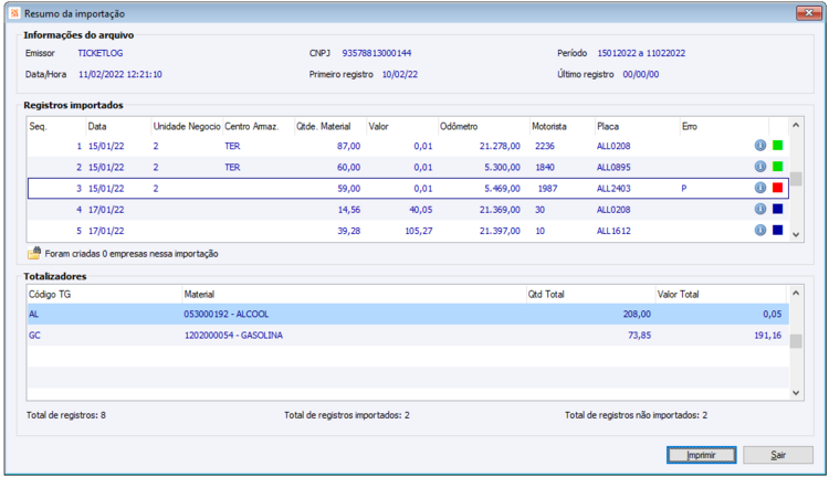 Resumo da Importação movimentos Internos e Externos Ticket Log