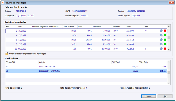 Resumo da Importação abastecimentos Ticket Log