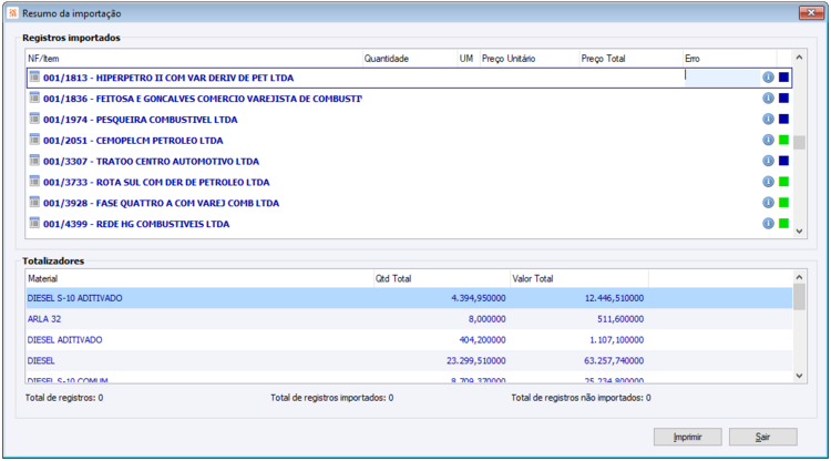 Resumo de Importação NFE Ticket Log