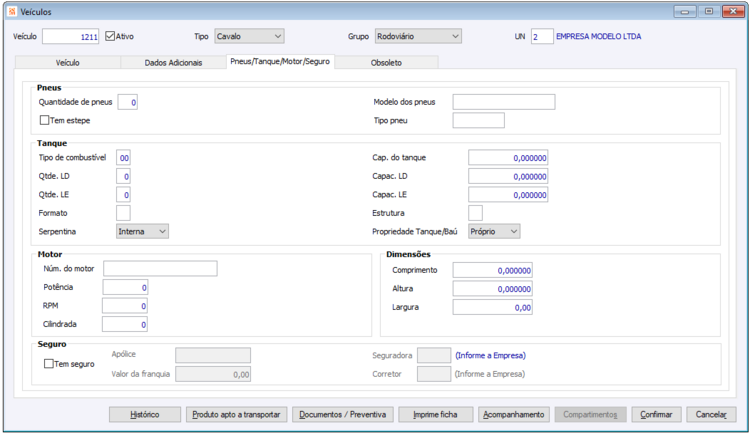 Cadastro do Veículo - Guia Pneus/Tanque/Motor