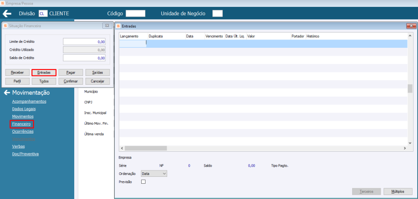 GE Movimento Financeiro botão Entradas