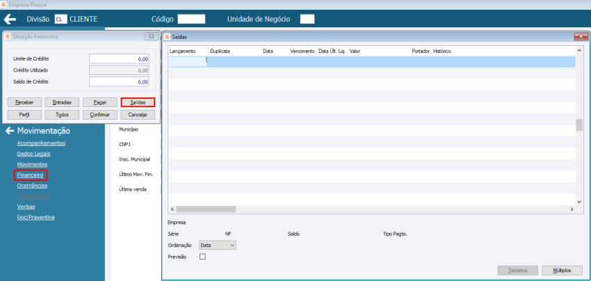 GE Movimento Financeiro botão Saídas