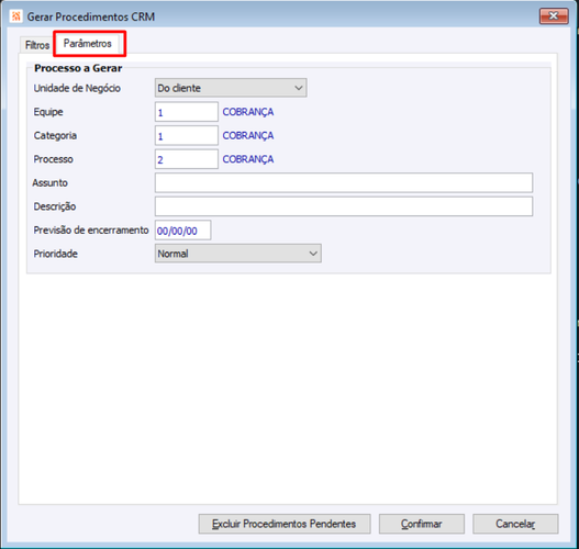 Gerar Procedimentos Parâmetros CRM Cobrancas