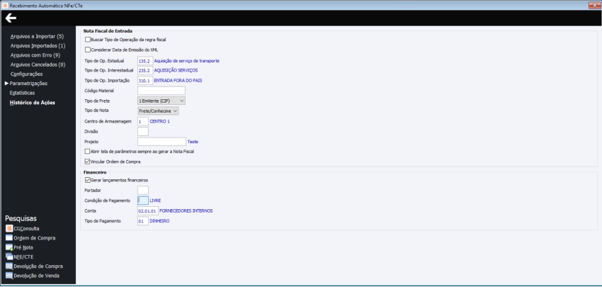 Parametrizações CTe