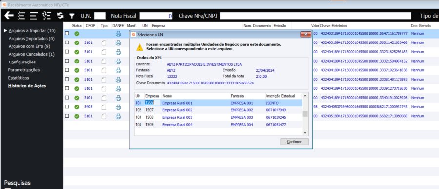 Seleção da Unidade de Negócio para o XML