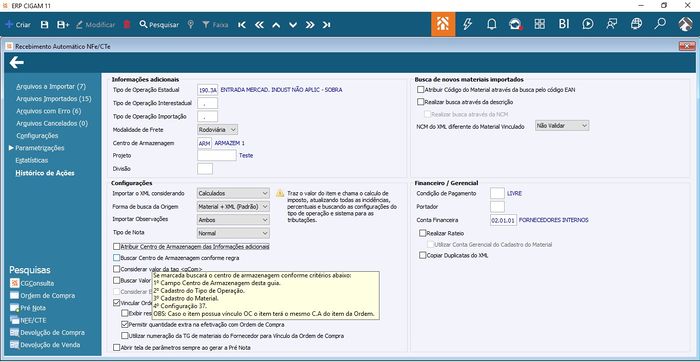 Recebimento Automático NFe /CTe - Parametrizações