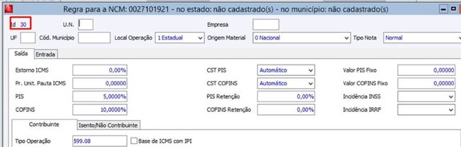 Identificador Único Regra Fiscal