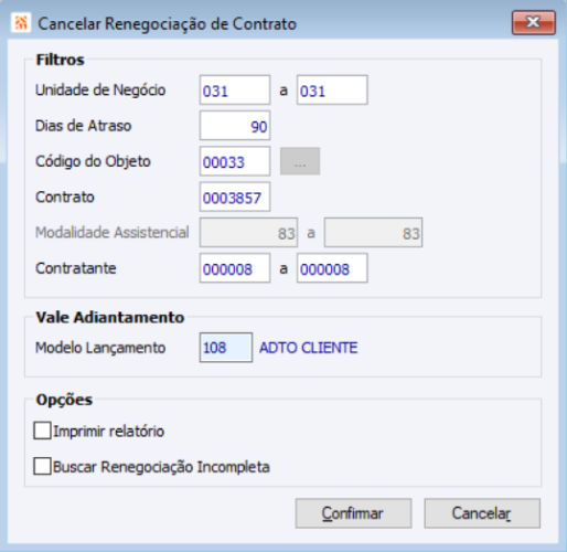 Cancelamento de Renegociação de Contrato