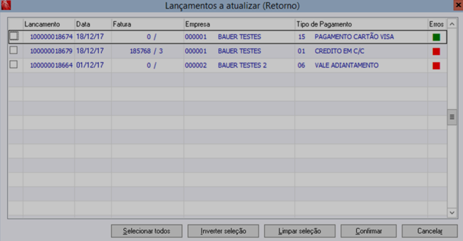 Lançamentos a Atualizar Retorno