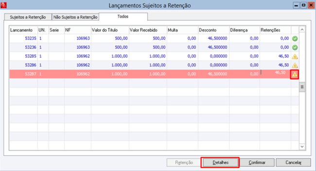 Lançamentos sujeitos a Retenção