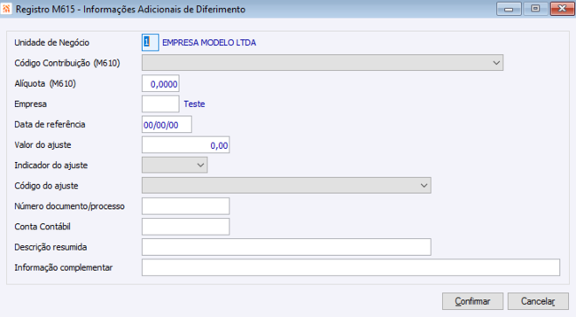 Registro M615 - Informações de Diferimento