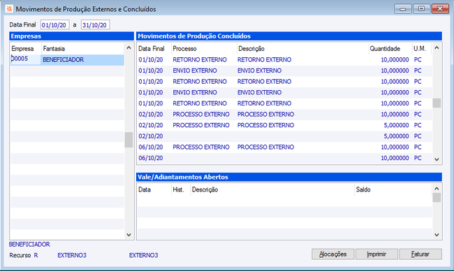 Movimentos de Produção Externos e Concluídos
