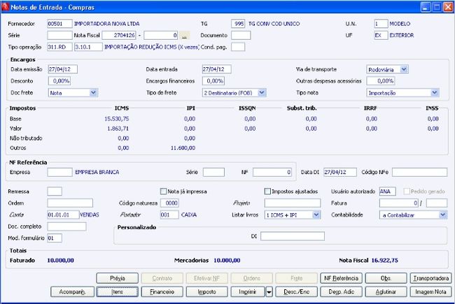 Notas Fiscais de Importação