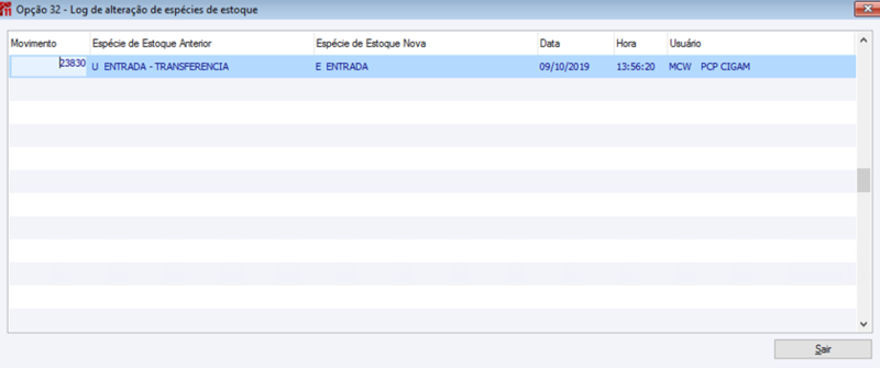 Opção 32 - Log de alteração de espécies de estoque