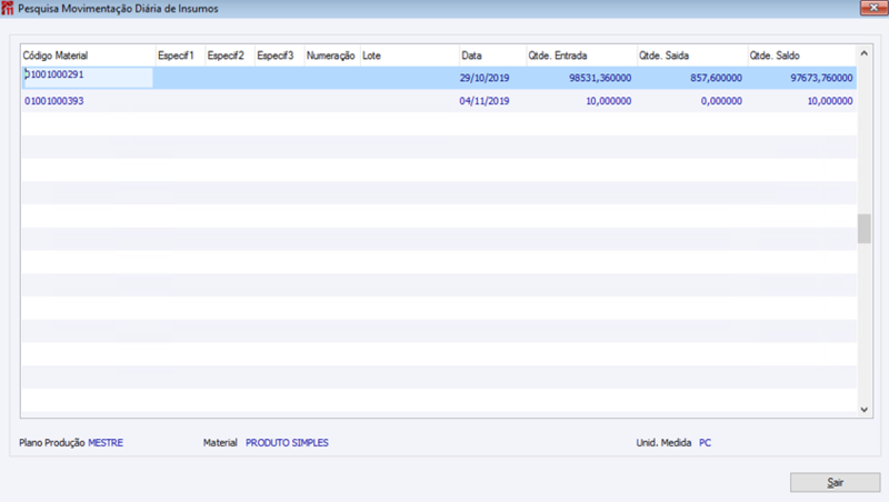Pesquisa Movimentação Diária de Insumos