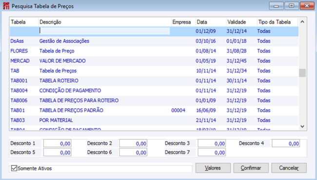 Pesquisa Tabela de Preços