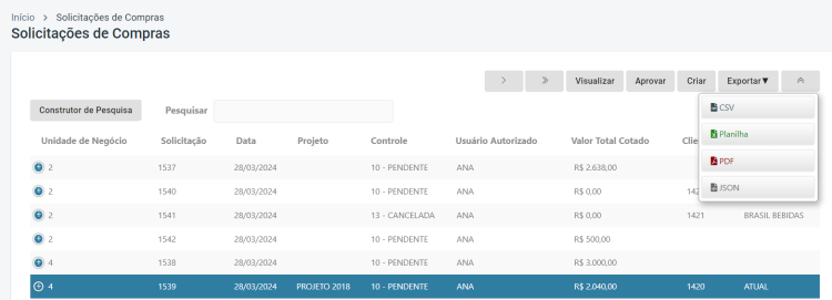 Solicitação Exportar