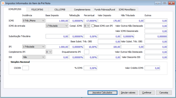 PN Itens Impostos Informados