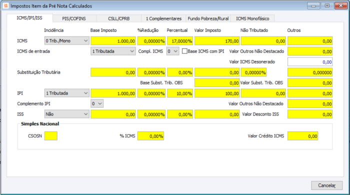 PN Itens Impostos Calculados