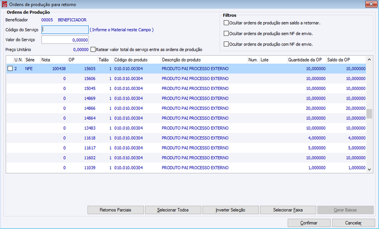 Ordens de Produção para retorno