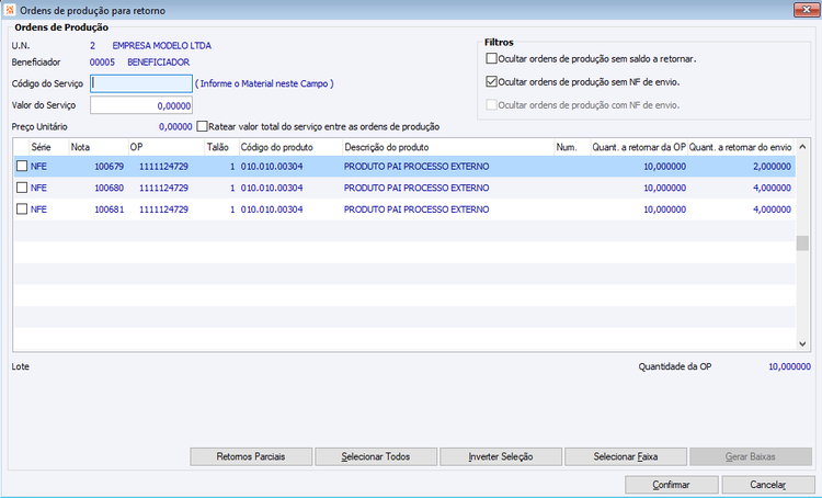 Ordens de Produção para retorno