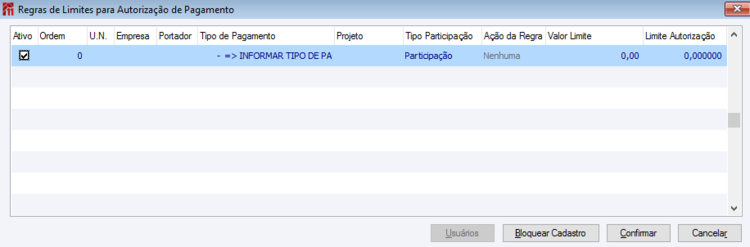 Regras Limite Autorização de Pagamentos