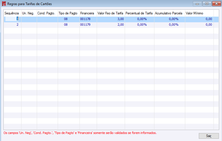 Regras para Tarifas de Cartões