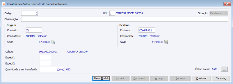Transferência Saldo Contrato de único Contratante