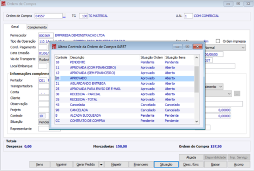 Ordem de Compra - Alterando controle