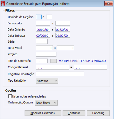 Controle de Entrada para Exportação Indireta