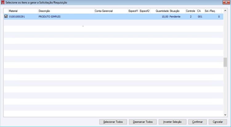 Selecione os itens a gerar a Solicitação/Requisição