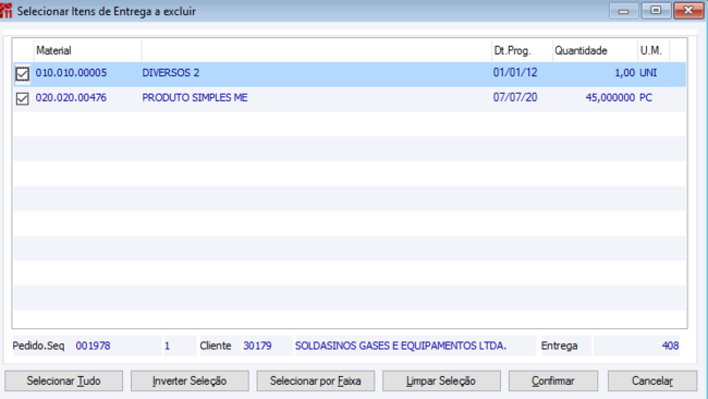 Selecionar itens de Entrega a Excluir